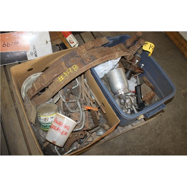 Trailer parts, wheel bearings, U-bolt, springs hub, spring hanger and paint air sprayer.