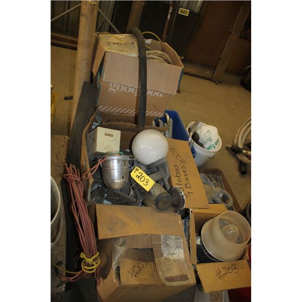Globe lights (5), yard light, automotive hoses and tubing, strip lights, galvanized bolts in a pail,