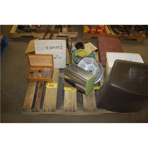 Clothes hamper, garbage can, foot stool, clock, flower pots, grater, wooden chest and misc. dishes.