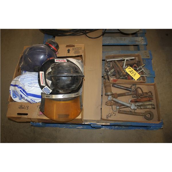 Pins, receiver pins and box of hard hats 1 with a face shield.