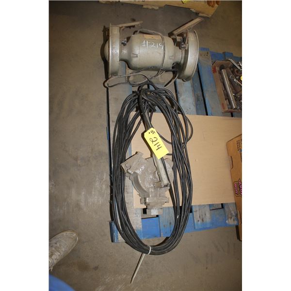 Bench grinder, manual fuel pump and extension cord.