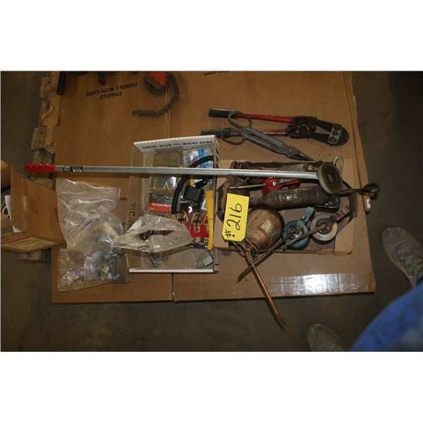 Oil squirt cans, long handled magnet, metal hinges, tie down, bolt cutter and tin snips.
