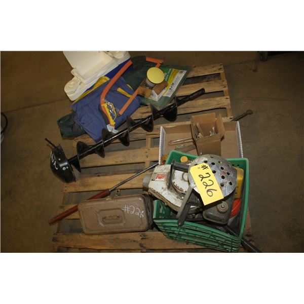 Jiffy ice auger with motor, and ice fishing gear., running