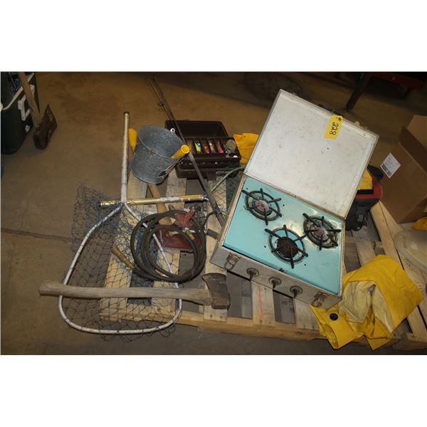 3 burner stove, fish tackle box, 2 axes, 2 fishing nets and rain gear (3).