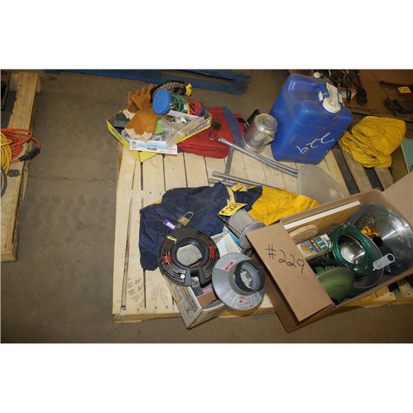 Water jug, coffee pot, rain gear, propane lantern, tent pegs, kitchen ware and more.