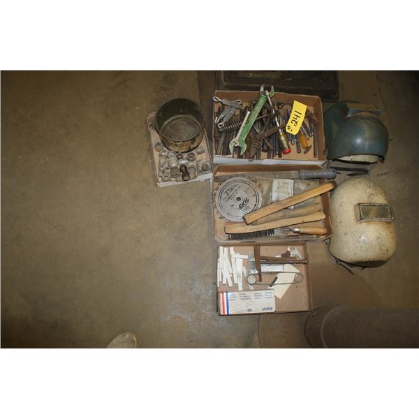 Chisels, punches, chipping hammers, 2 welding helmet shields, 1/2 inch drive sockets, and safety gla