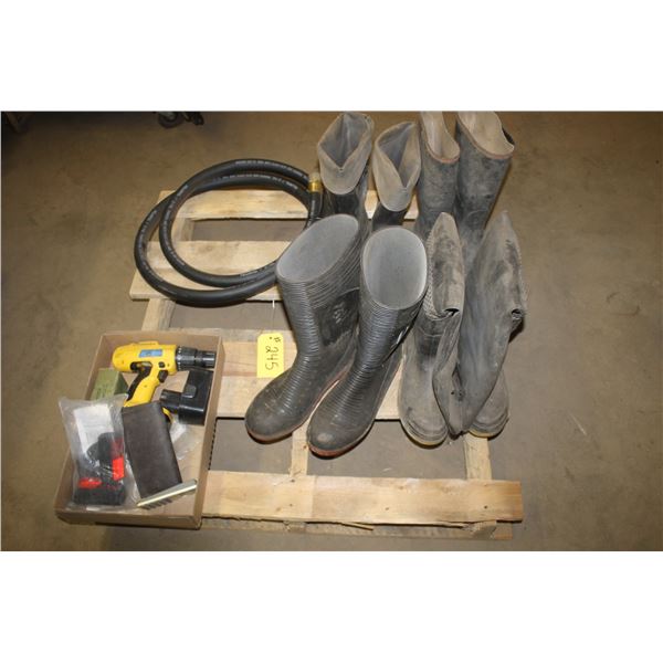 4 Pairs of boots (1 pair is steel toed size 12 and 2 are size 10), 10 ft fuel hose, Lynch cordless d