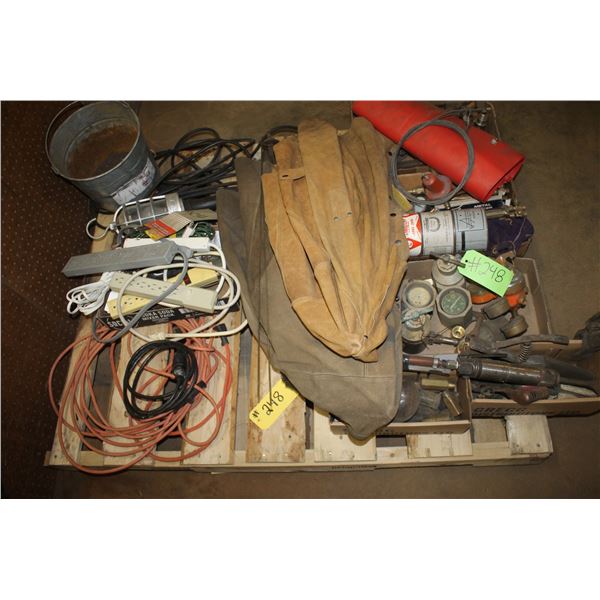 Pallet of misc. welding. (Oxy acetylene torches, tips, regulators, ground clamps, stingers, air chip