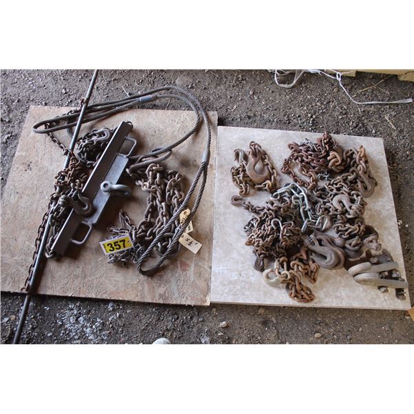 Misc. chains, wire sling, lift bar & tow hooks.