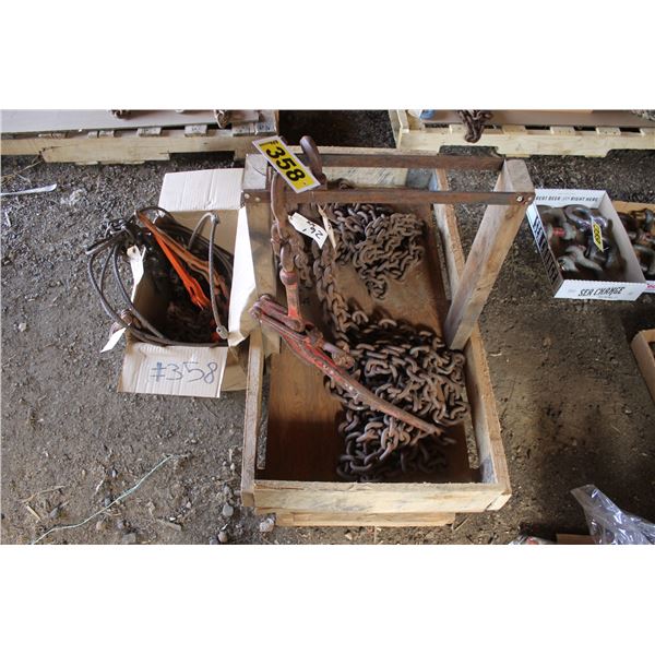 (2) 3/8 chains, (1) 5/16 chain, cable sling, and 3 boomers.