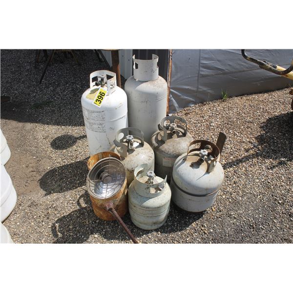 (2) 30Lbs, (3) 20Lbs, (2) 10Lbs propane tanks, a table frame and heater.