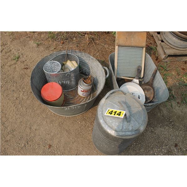 Water cooler, 2 tubs, mop pail, rogers golden syrup can, scrub board, 2 frying pans and 1 cast iron 