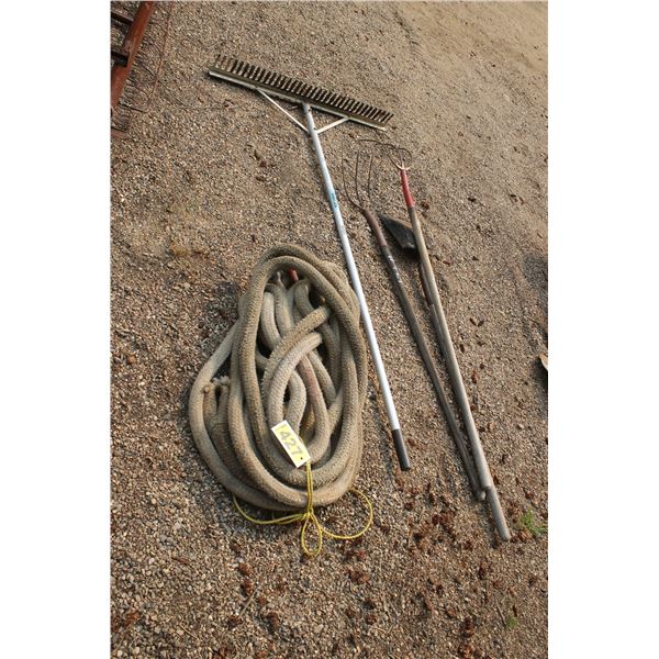 1 1/2 inch diameter tow rope, landscaping rake, two forks and a shovel.