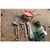Image 2 : (3) Shovels, 1 garden rake, garden hose/reel, landscape fabric, sprinklers, hatchet and a wheelbarro
