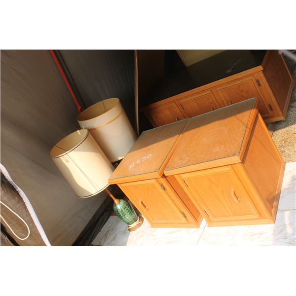 Lamps (2 matching), end tables and coffee table set (oak) with glass protectors.
