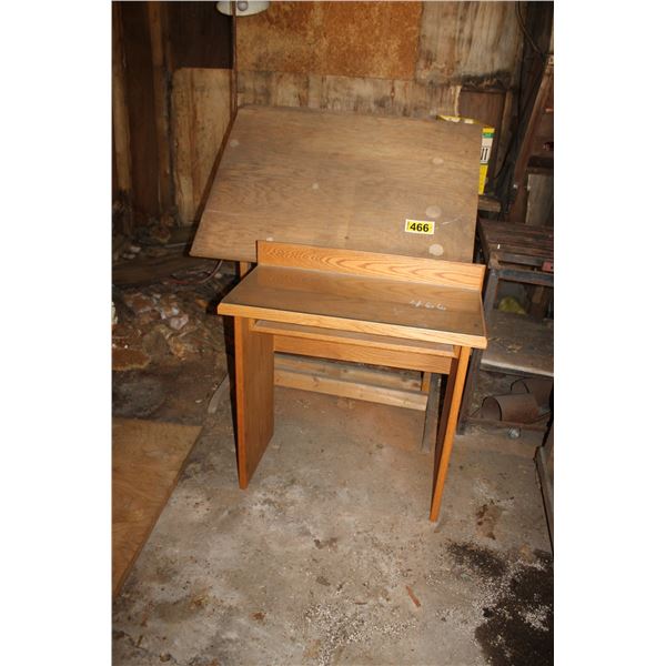 Drafting table, phone table, and a wooden bench.