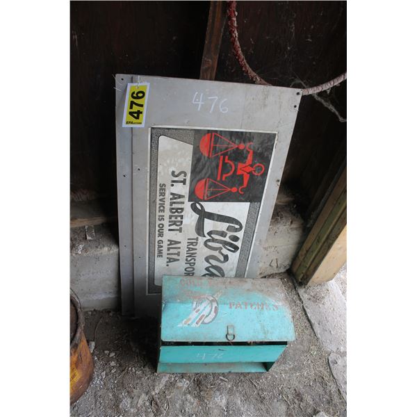 Green metal cabinet, and 2 signs.
