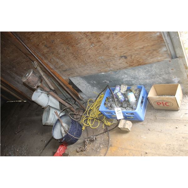 Pop bottles, cable, rope, canner, pail, and a church pew.