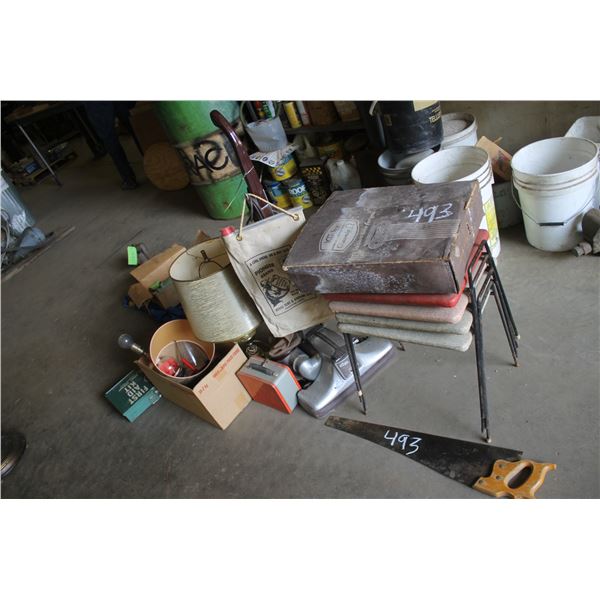 Saws, first aid kit, vacuum, lunch box, stools, lamps and misc.