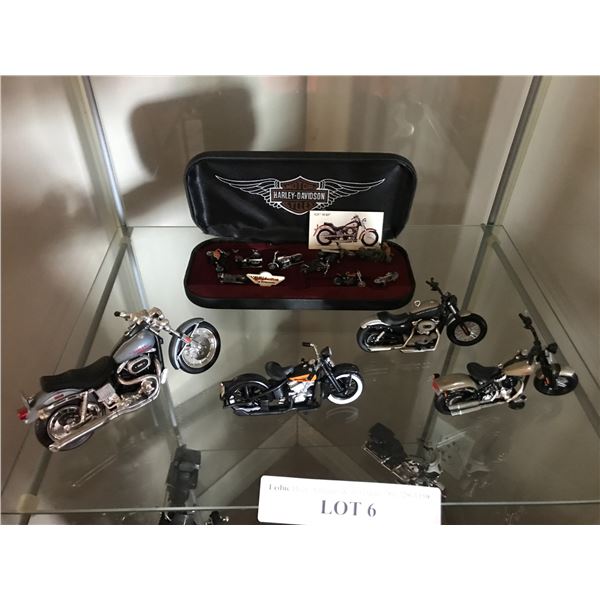 Harley-Davidson Charm Set & Pin, Three Mini and One Medium sz Motorcycles