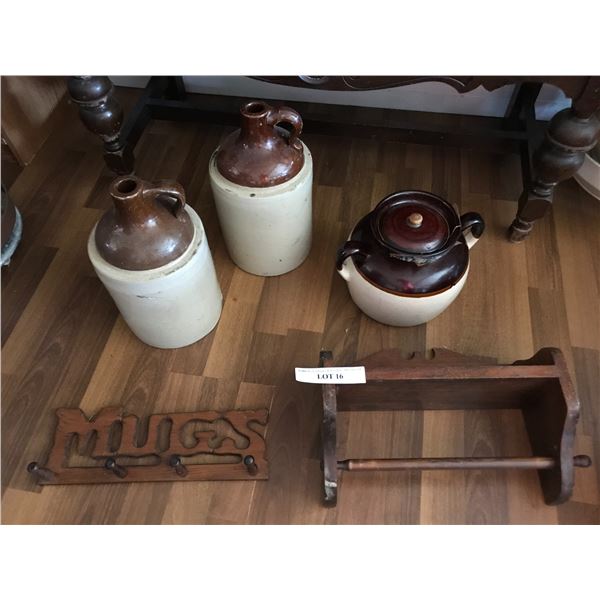 Wood Paper Towel Holder, Mugs Key Holder, Two Vintage Stoneware Jugs & Pottery Bean Pot (Cracked)