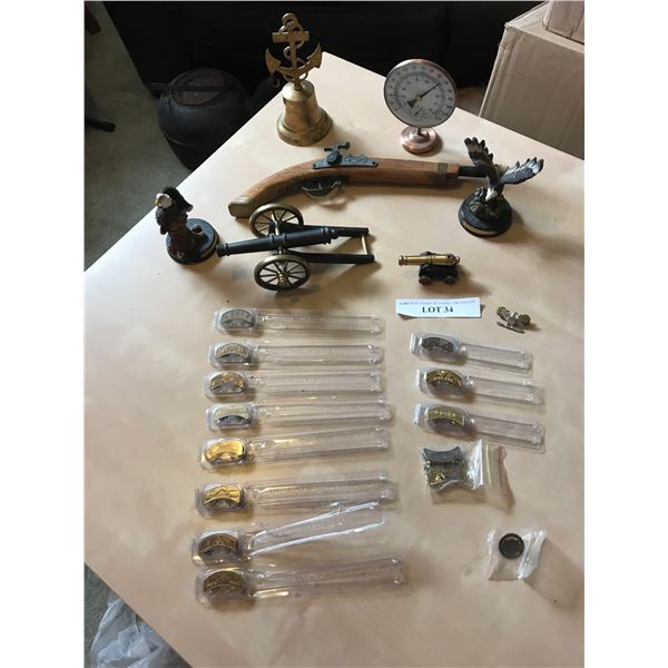 Brass Bell, Two Mini Brass Canons, Wood Musket, Eagle Ornaments, Humidity Meter & HD Pins