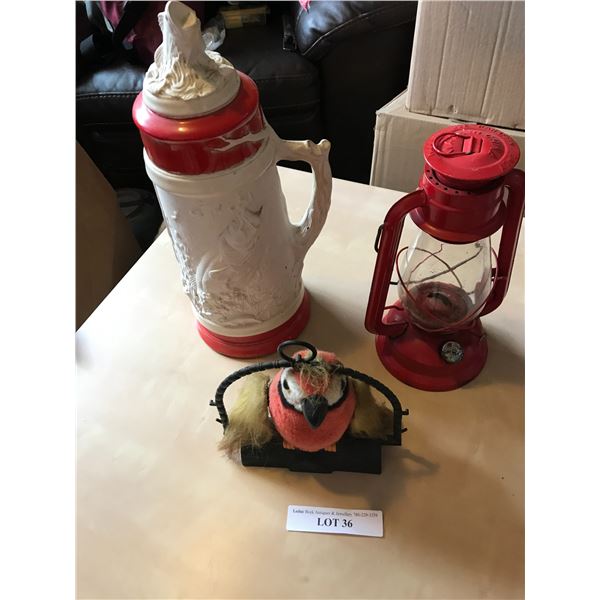 Red Oil Lamp, Huge Red & White Fishing Stein, & Talking Parrot