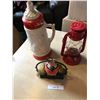 Image 1 : Red Oil Lamp, Huge Red & White Fishing Stein, & Talking Parrot