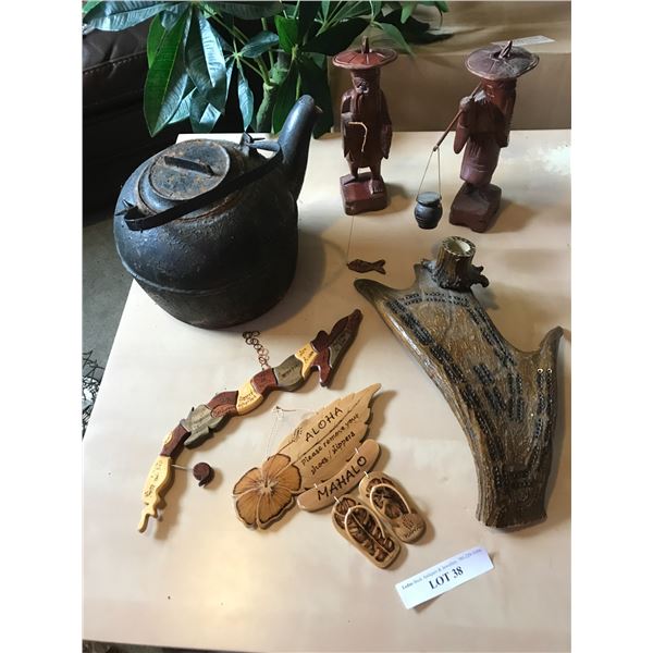 Wrought Iron Vintage Kettle, 2 Hand Carved Asian Figurines, Please Remove Your Shoes/Slipper Wood Dé