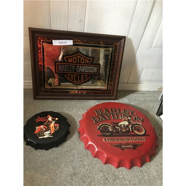 Harley Davidson Mirror & Two Decorative Bottle-cap Wall Decorations
