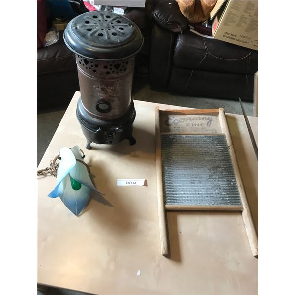 Vintage Floral Hanging Lamp, Economy Zinc Washboard (Wood Damaged at Top), GSW Wood Stove