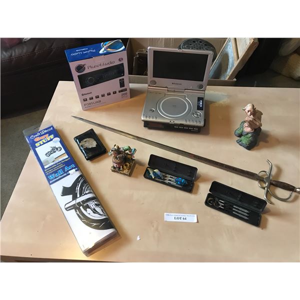 Decorative Sword, Planet Ludio Blue-tooth Stereo System, Polaroid Portable DVD, Eagle Wallet, Motorc