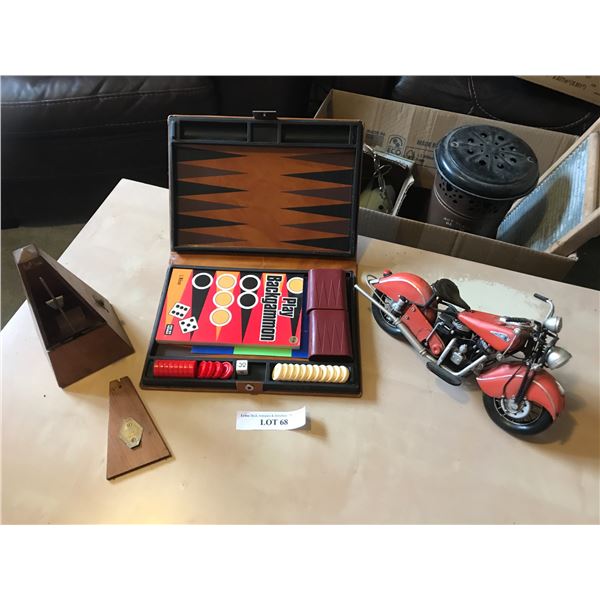 Metronome, Backgammon Game, Red Harley-Davidson Motorcycle