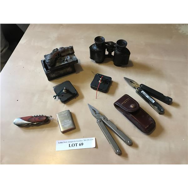 Harley-Davidson Zippo Lighter, Utility Knife, Musket Resin Trinket Box, Clock Parts, Vintage Binocul