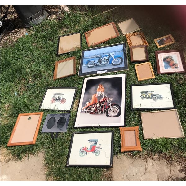 Three Vintage Car Prints, Blue Harley Davidson Picture, Hottie on Motorcycle Pic & Asst Picture Fram