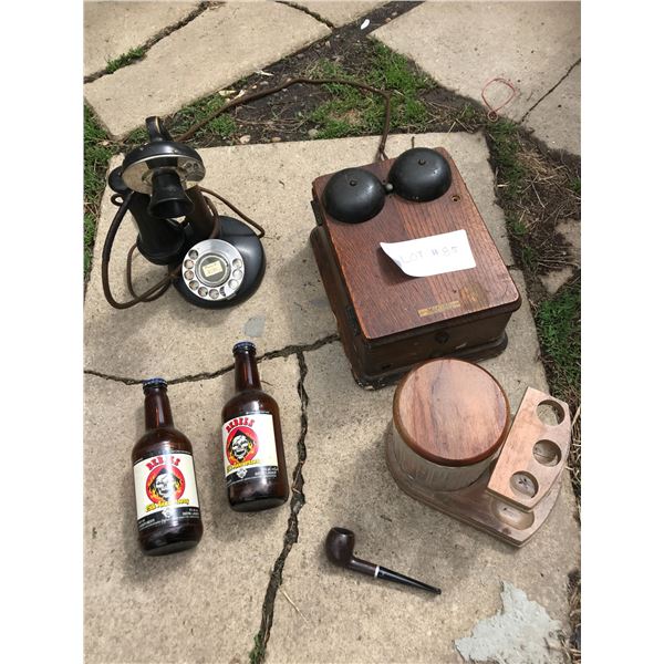 Antique Rotary Candlestick Telephone, Vintage Kellogg Wall Telephone, Pipe, 2 Rebels Beer Bottles & 