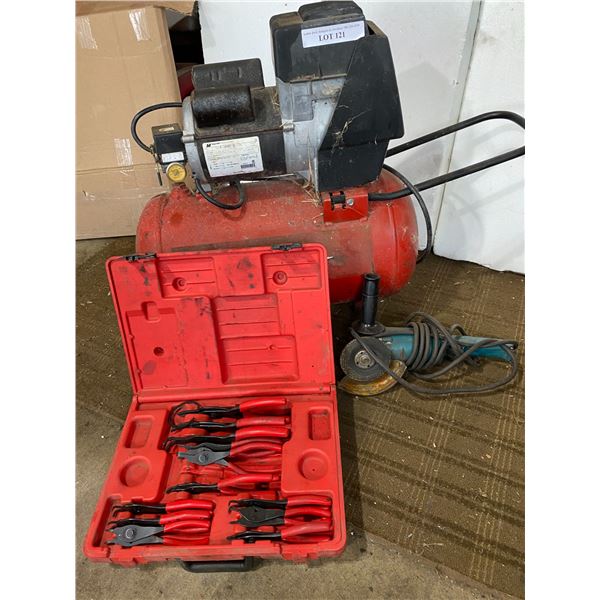 Coleman Powermate Compressor (Not Tested), Portable Makita Grinder, Snap-On Tools Ring Pliers