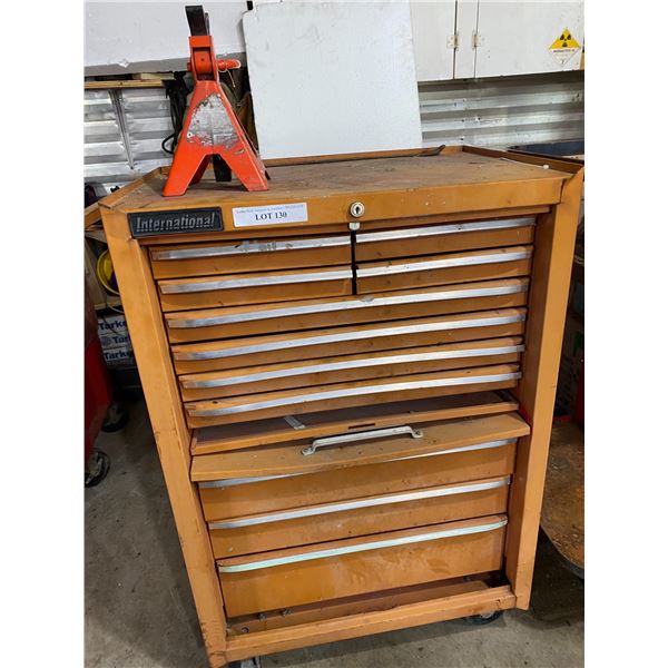 International Locking Metal Tool Cabinet w Jack Stand & asst Tools