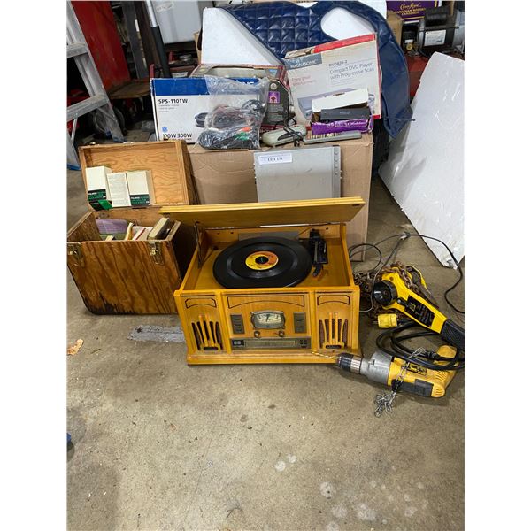 Bluetooth CD Player/Record Player/Radio, Homemade Wooden Box w Polaroid Film & Variety of Books, 1 T