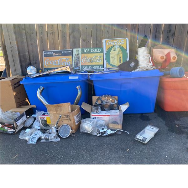 Three Coca-Cola Signs, Chrome Motorcycle Accessories, Gaskets, Speedometer, Chrome Hydraulic Clutch 