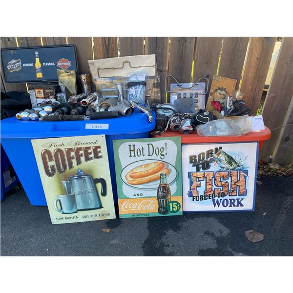 Fresh Brewed Coffee Sign, Coca-Cola, Born to Fish Forced to Work Sign, Harley Davidson Sign, Chrome 