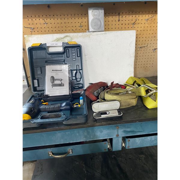 MasterCraft Pneumatic Finishing Nailer, Ratchet Straps, Digital Tire Gauge, Speaker