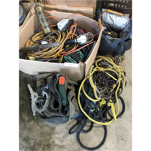 Iron Working Harness, Asst Ropes, Carabiner's, Chains, Extension Cords, Trouble Light, Wire Brush, A