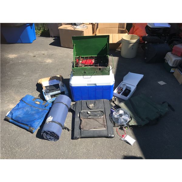 Coleman Stove & Blue Cooler, Automann Mini Fan, 3 Folding Bleacher Chairs, Koss Car Compact Disc Pla
