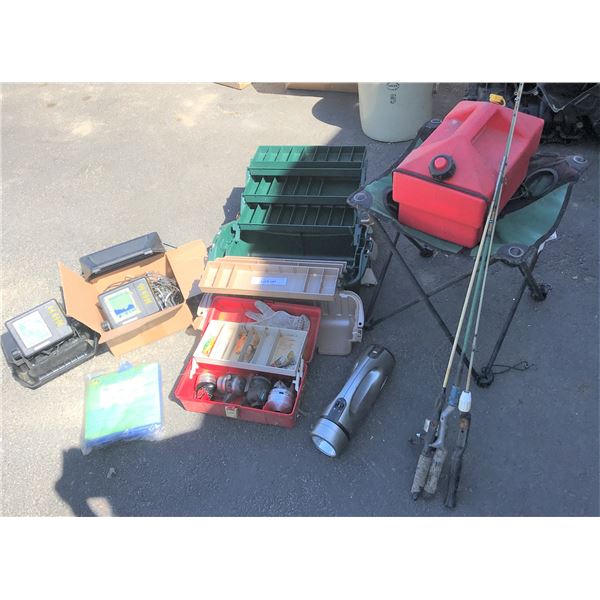Fishing Gear, Tackle Box, SOS Light, Fish Finder, Lake Bed Scanner, Jerry Can Cooler for Alcohol, Fo