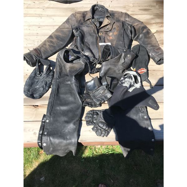 Leather Beanie, Two Seats of Fingerless Gloves, Leather Chaps & Charcoal Leather Jacket