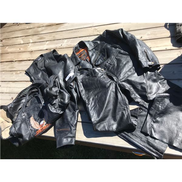 Harley Davidson Black Leather Jacket, Vest, Pants & Duffle Bag