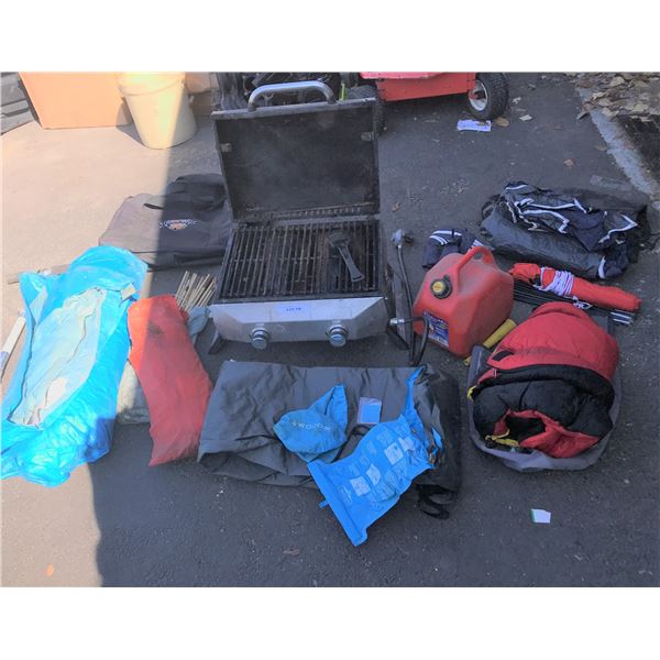 Portable BBQ, Tarps, Gas Can, Razor Scooter, Woods Inflatable Mattress, Sleeping Bag & Tent