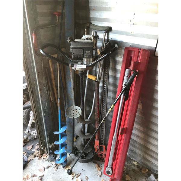 Gas & Hand Powered Powered Ice Augers, Giant Torch Bar, Ski Pole Walking Stick, Lg Side Jack, Crutch