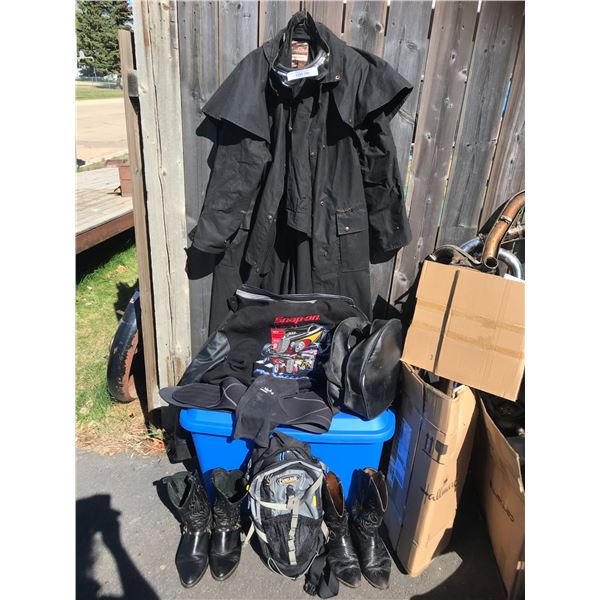 Snap-On Jacket, Australian Roper Jacket, Motorcycle Goggles, Two Pairs Black Cowboy Boots, Back Brac